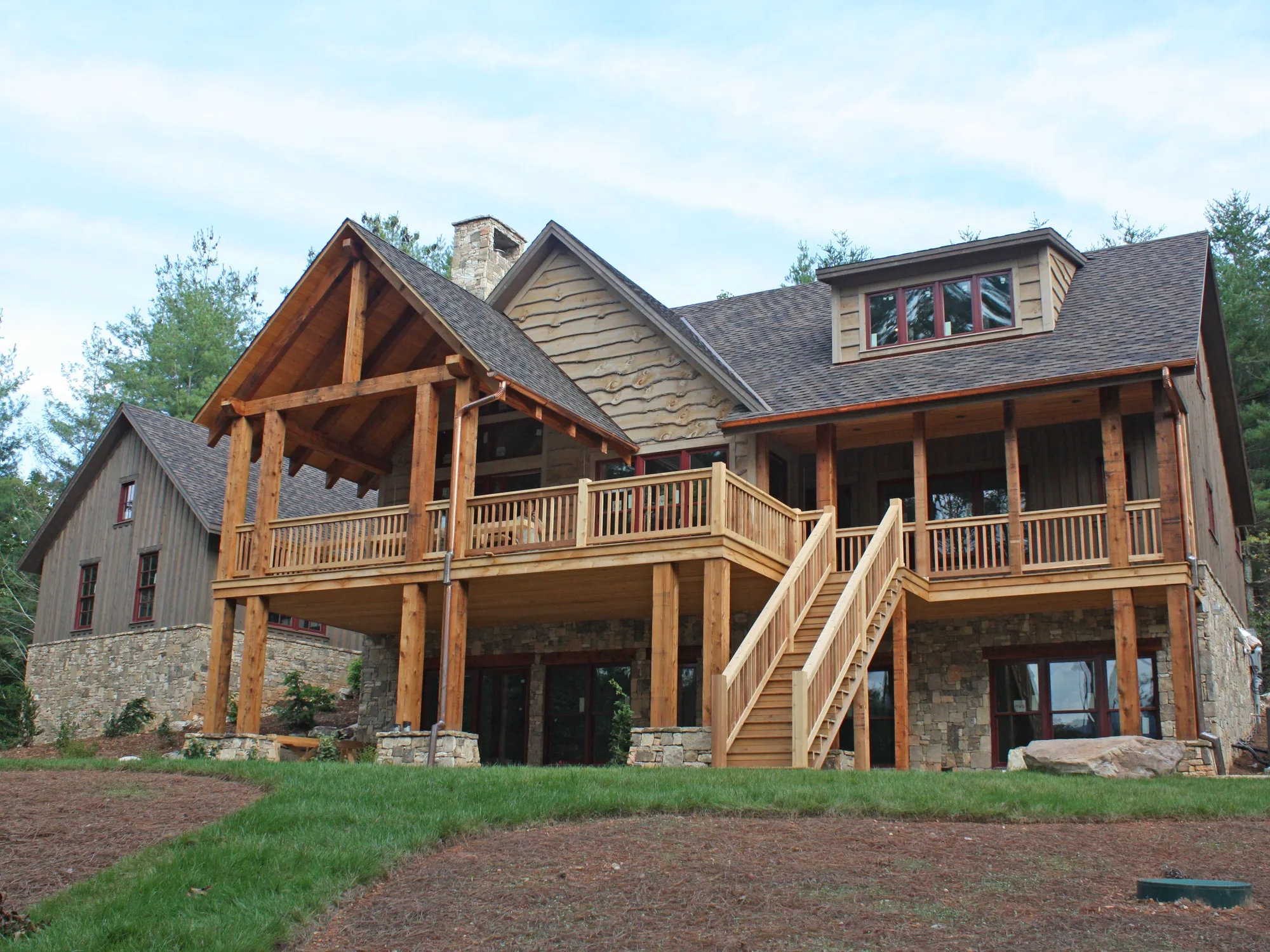 Custom luxury home rear exterior built by Higgins Building Group in Western North Carolina