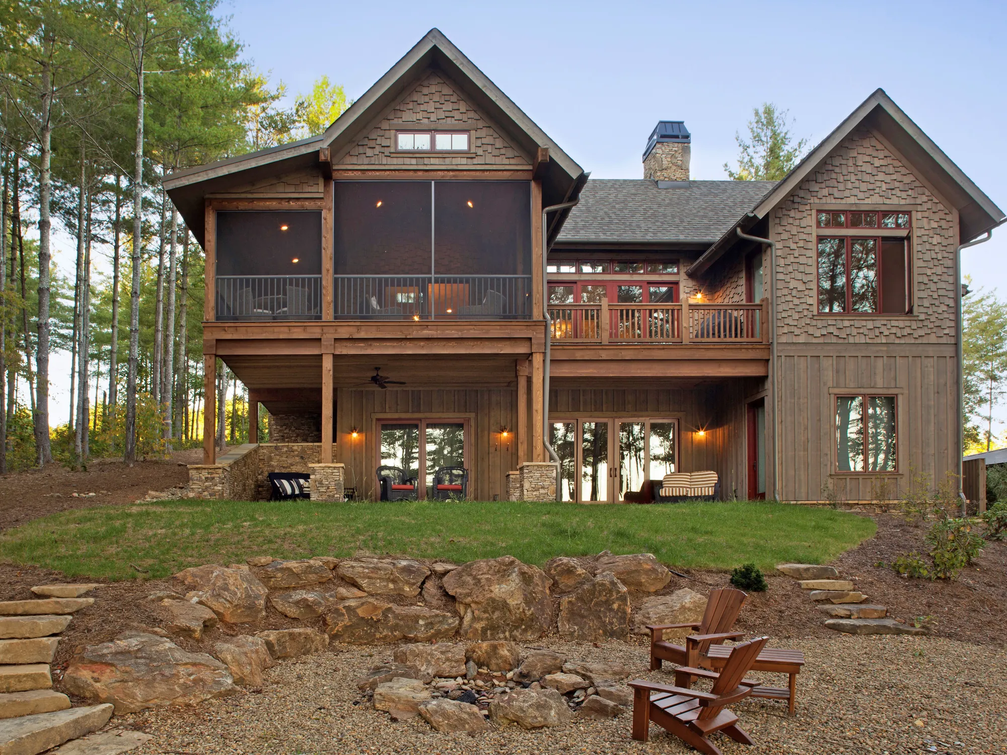 Custom luxury home rear exterior built by Higgins Building Group in Western North Carolina