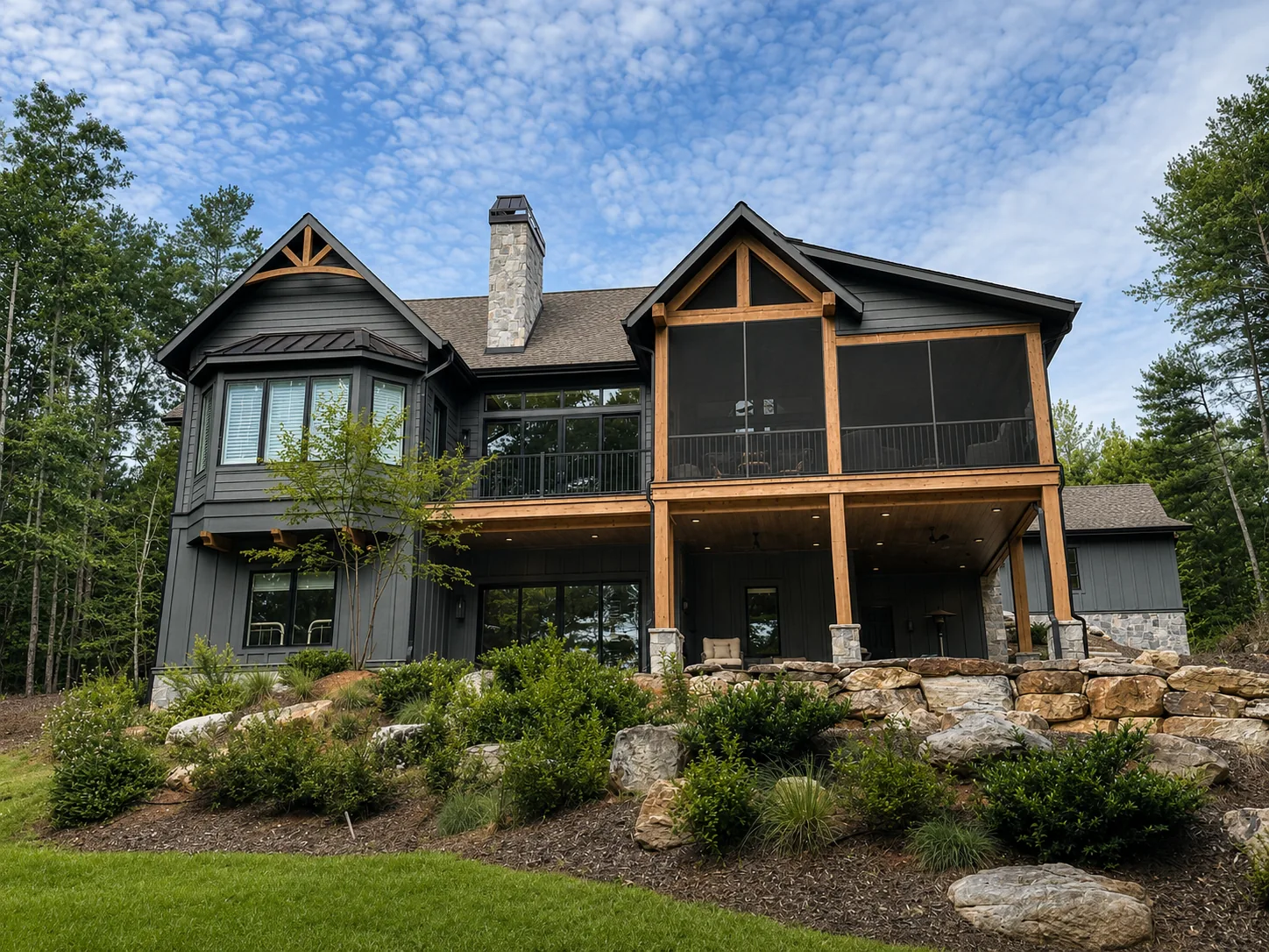 Custom luxury home rear exterior built by Higgins Building Group in Western North Carolina