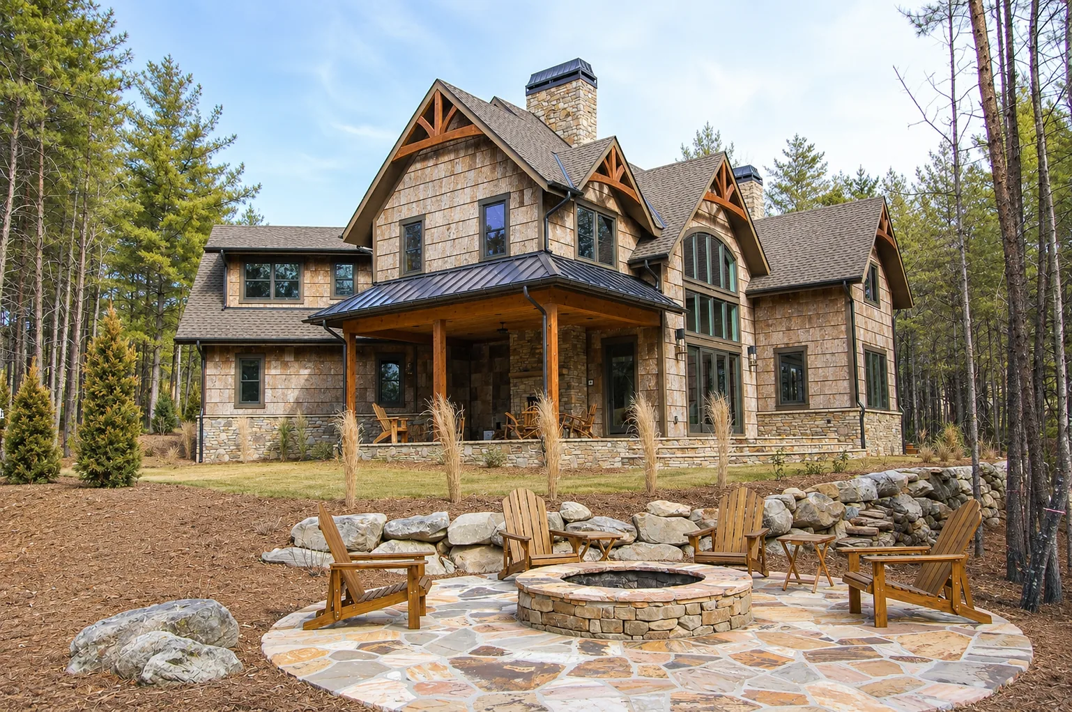 Custom luxury home exterior built by Higgins Building Group in Western North Carolina