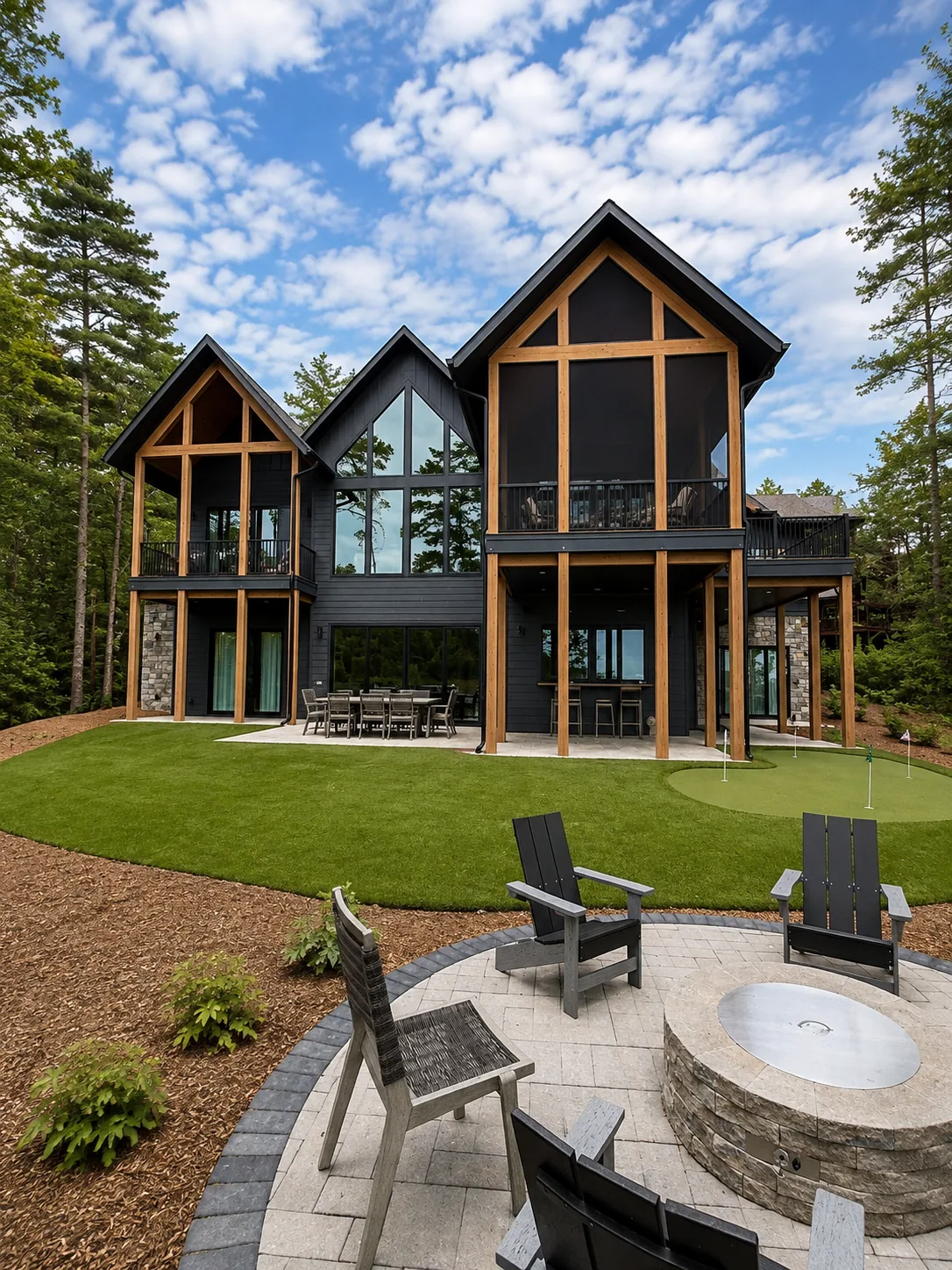 Custom luxury home rear exterior built by Higgins Building Group in Western North Carolina