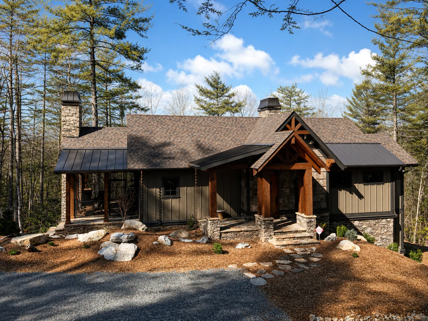 Custom luxury home exterior built by Higgins Building Group in Western North Carolina