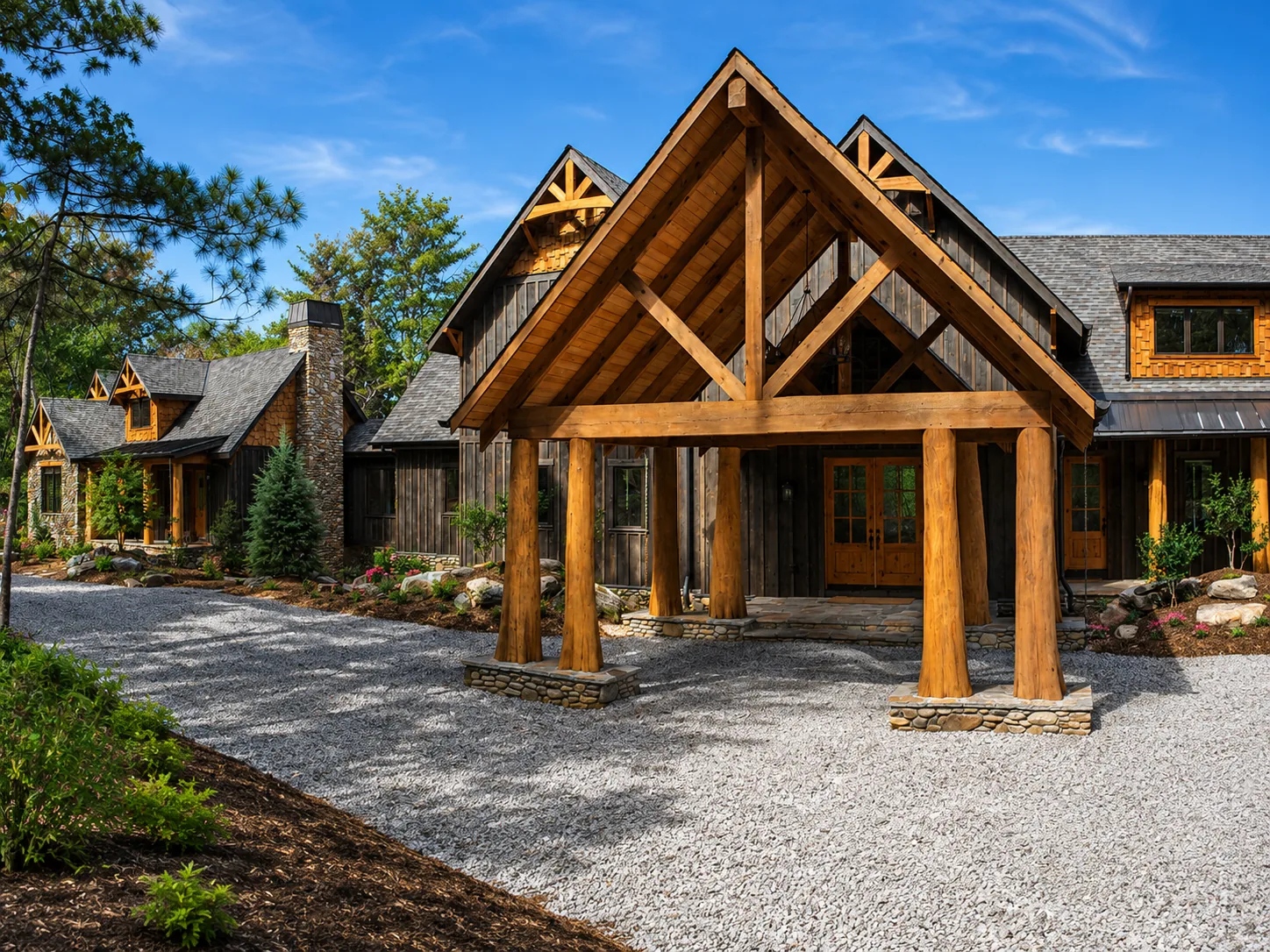 Custom luxury home front exterior built by Higgins Building Group in Western North Carolina