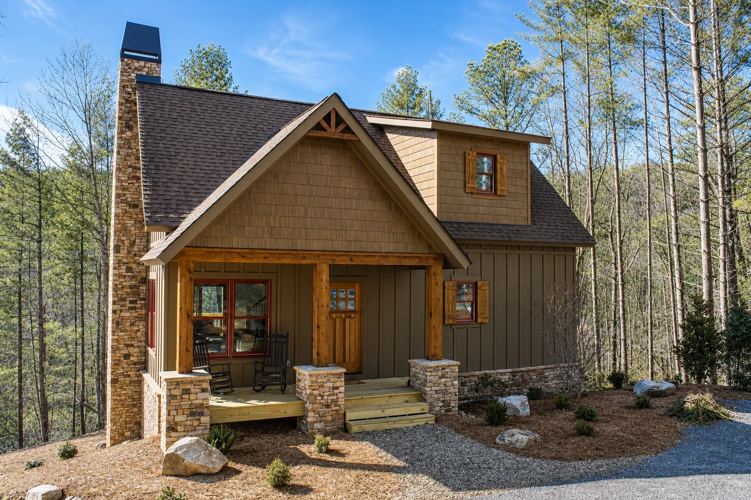 Custom luxury home exterior built by Higgins Building Group in Western North Carolina