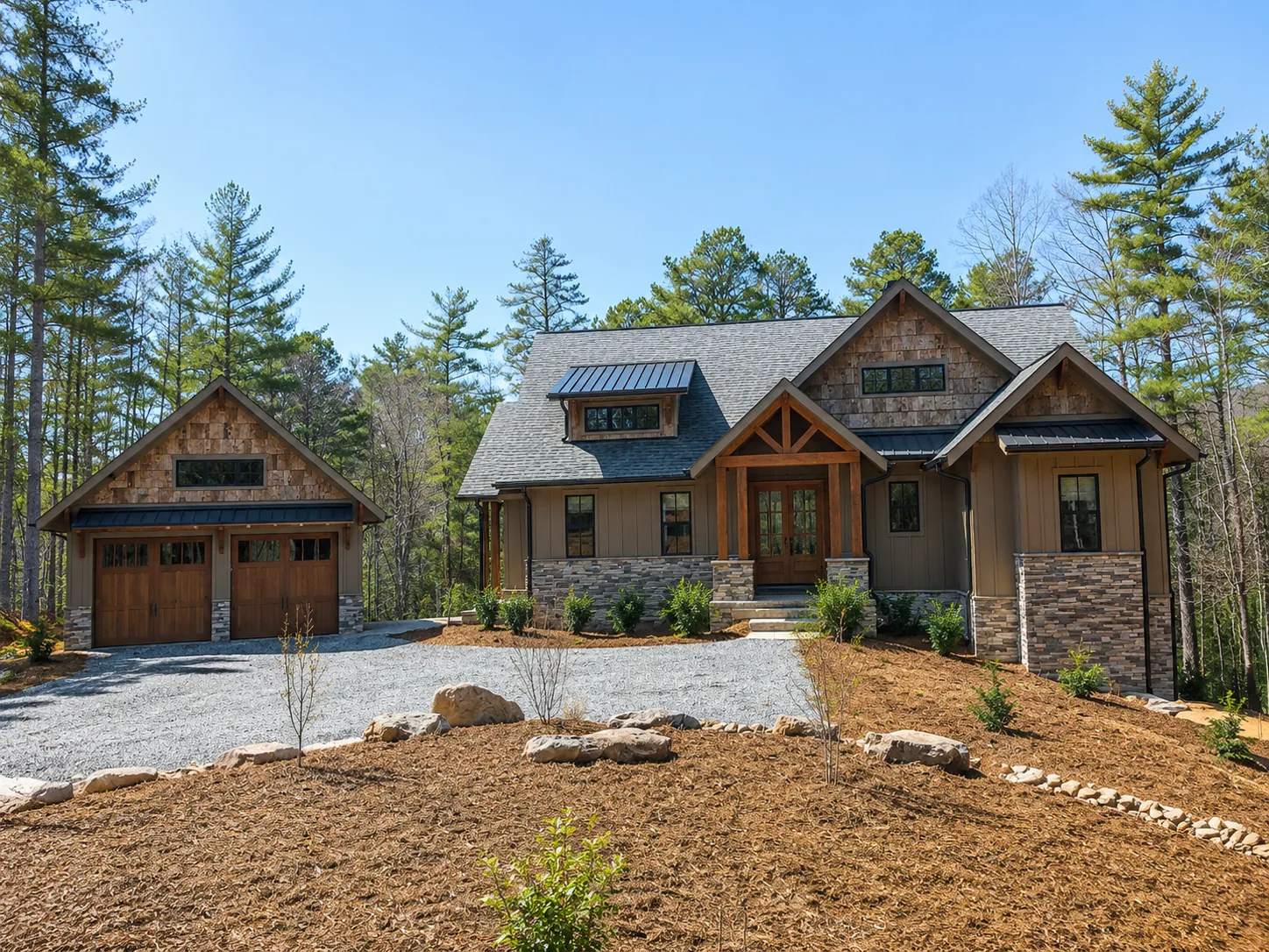 Custom luxury home exterior built by Higgins Building Group in Western North Carolina