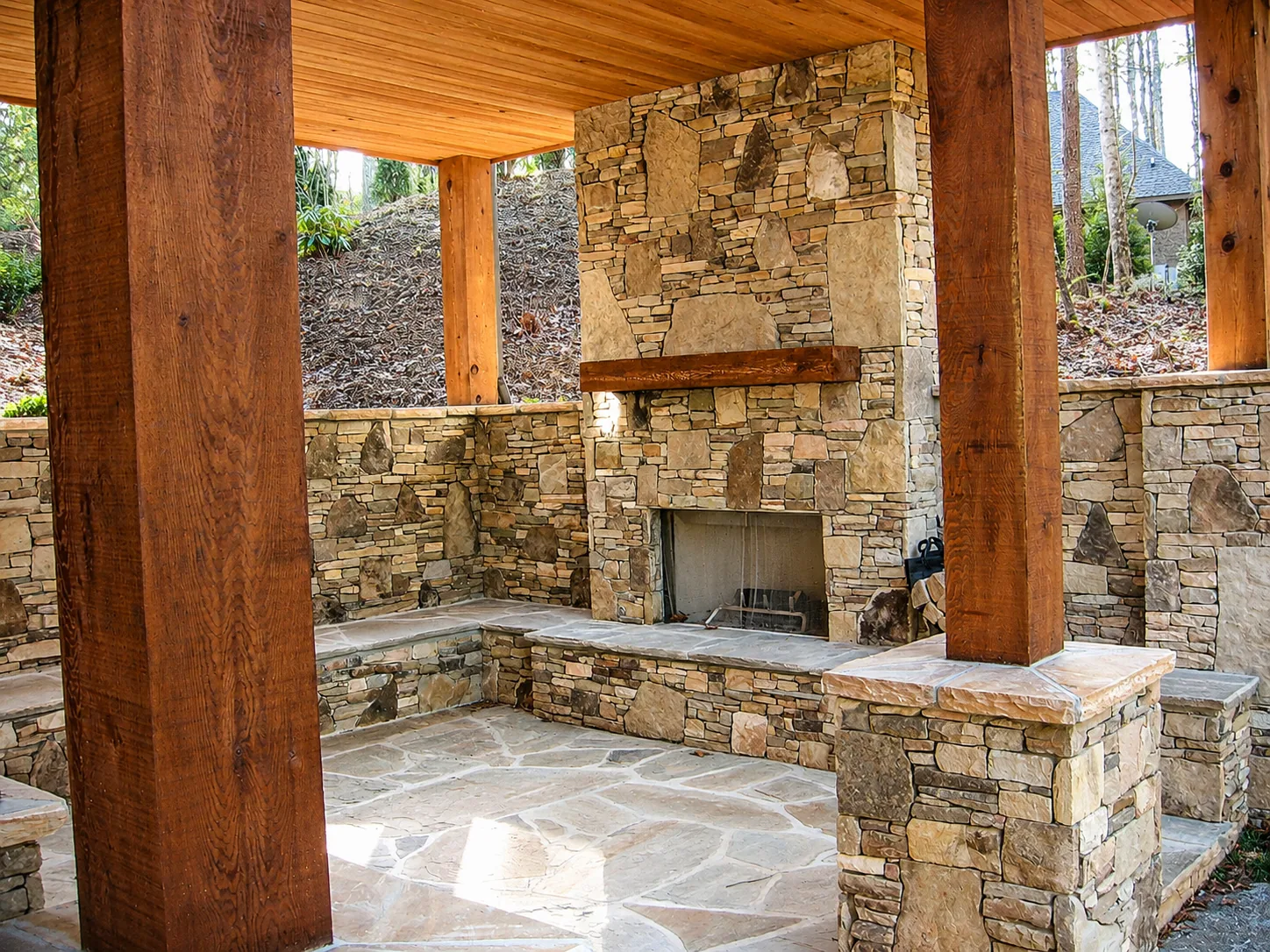 Stone fireplace in a custom home built by Higgins Building Group in Western North Carolina