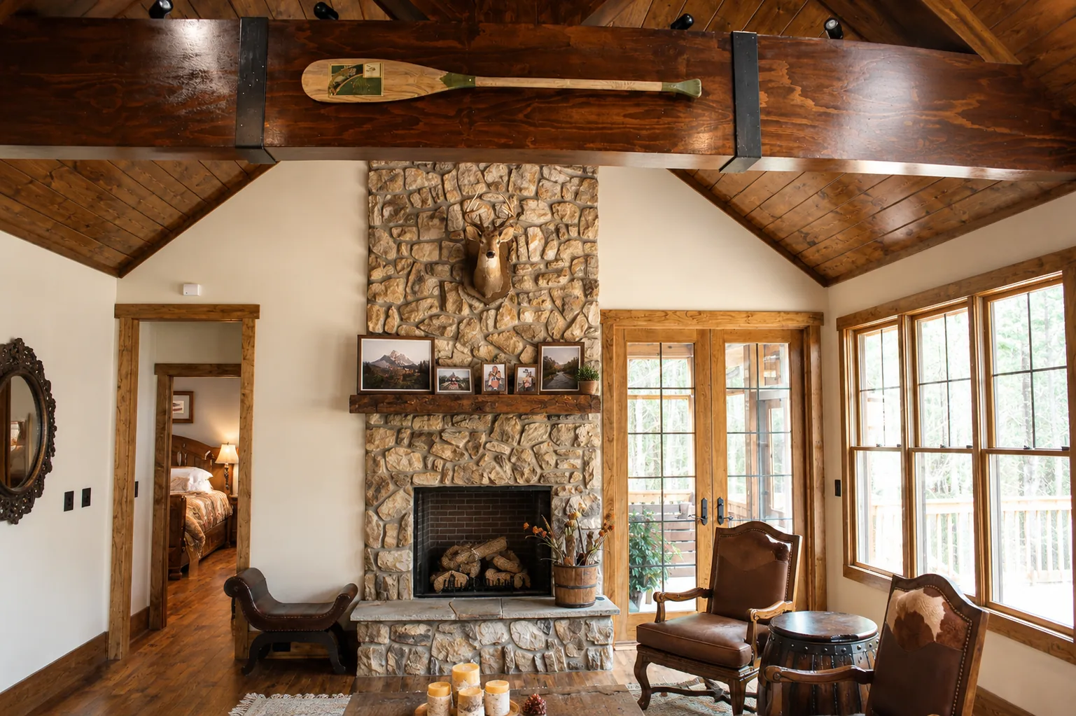 Stone fireplace in a custom home built by Higgins Building Group in Western North Carolina