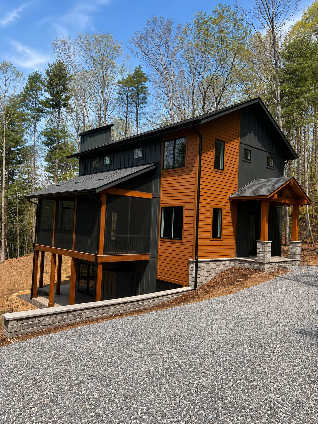 Custom luxury home exterior built by Higgins Building Group in Western North Carolina