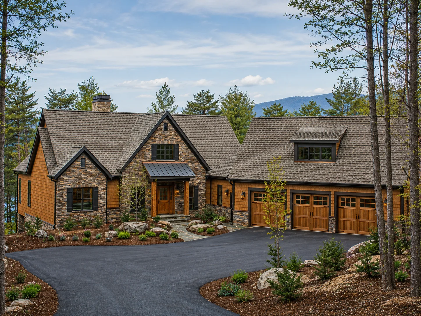Custom luxury home exterior built by Higgins Building Group in Western North Carolina